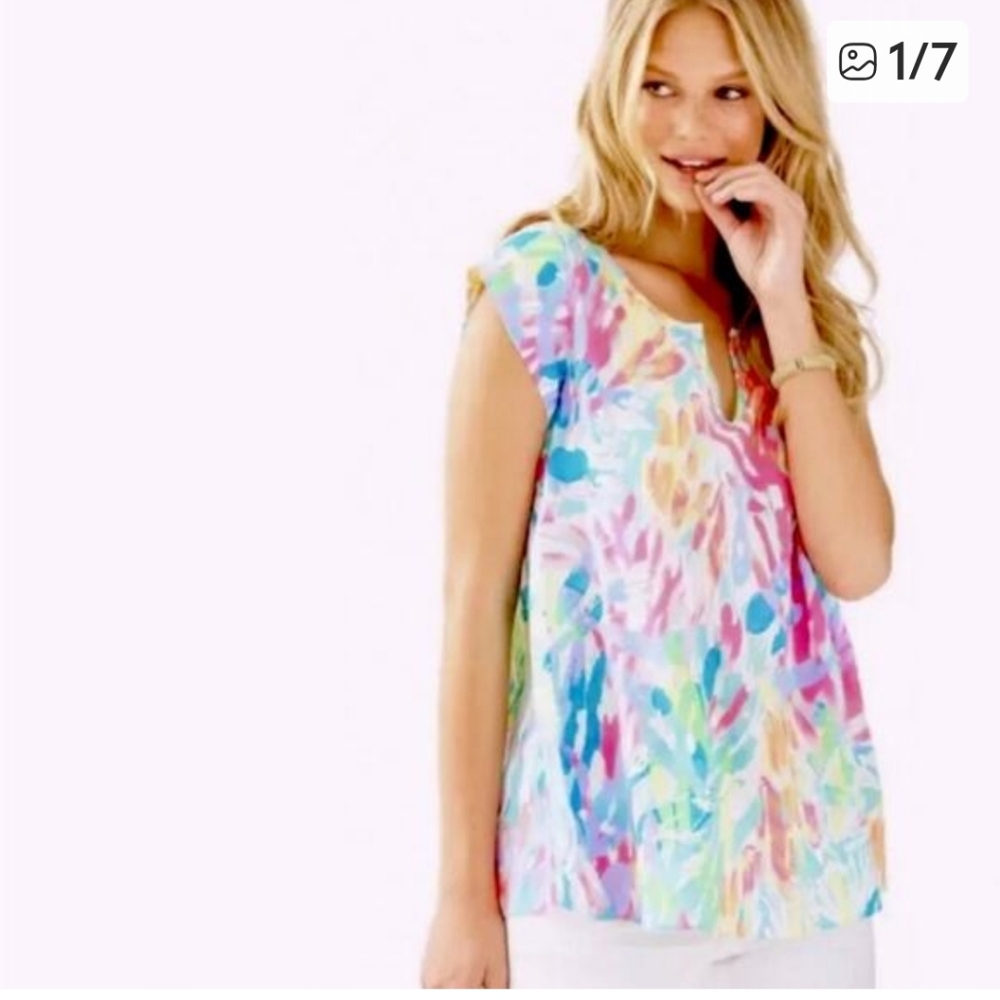 Lilly Pulitzer Shelley Sparkling Sands Cap-Sleeve Multicolor Floral Top
